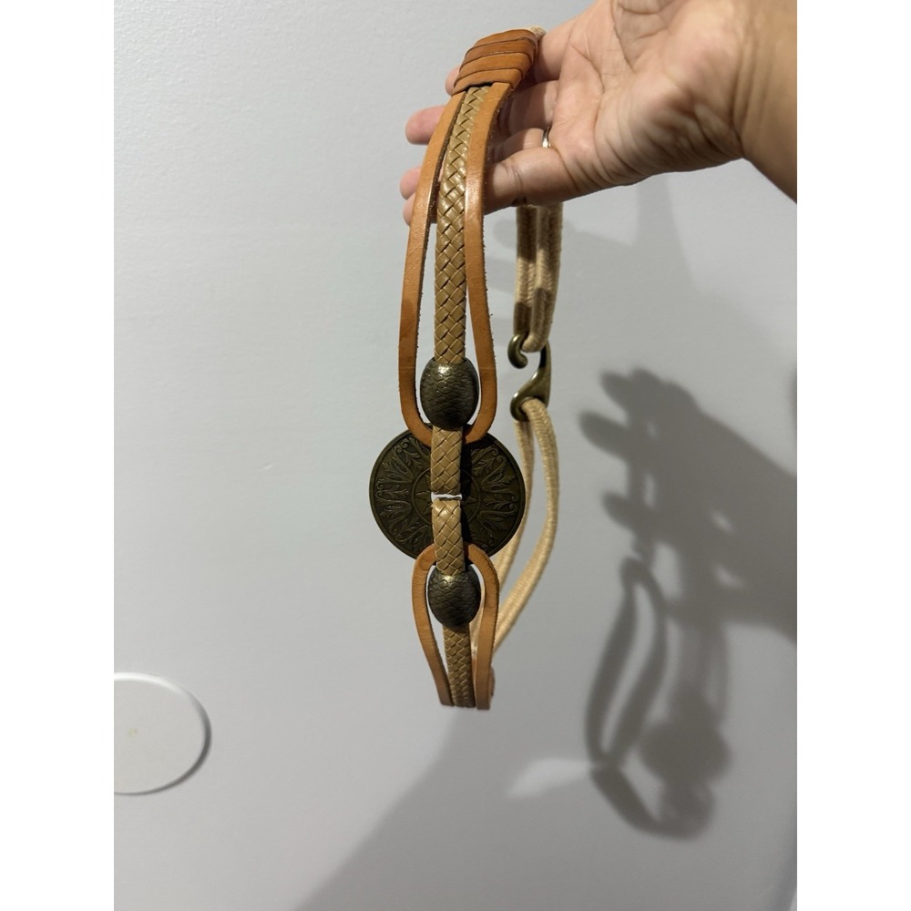 Vtg Leather Shop Belt Brown Tan Gold Brass Medallion Hook Boho Western Hobo 32"‎